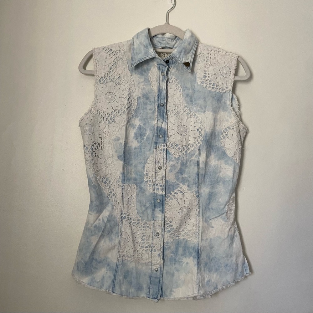 VTG Guess Denim Vest Lace Distressed Pearl Snap
